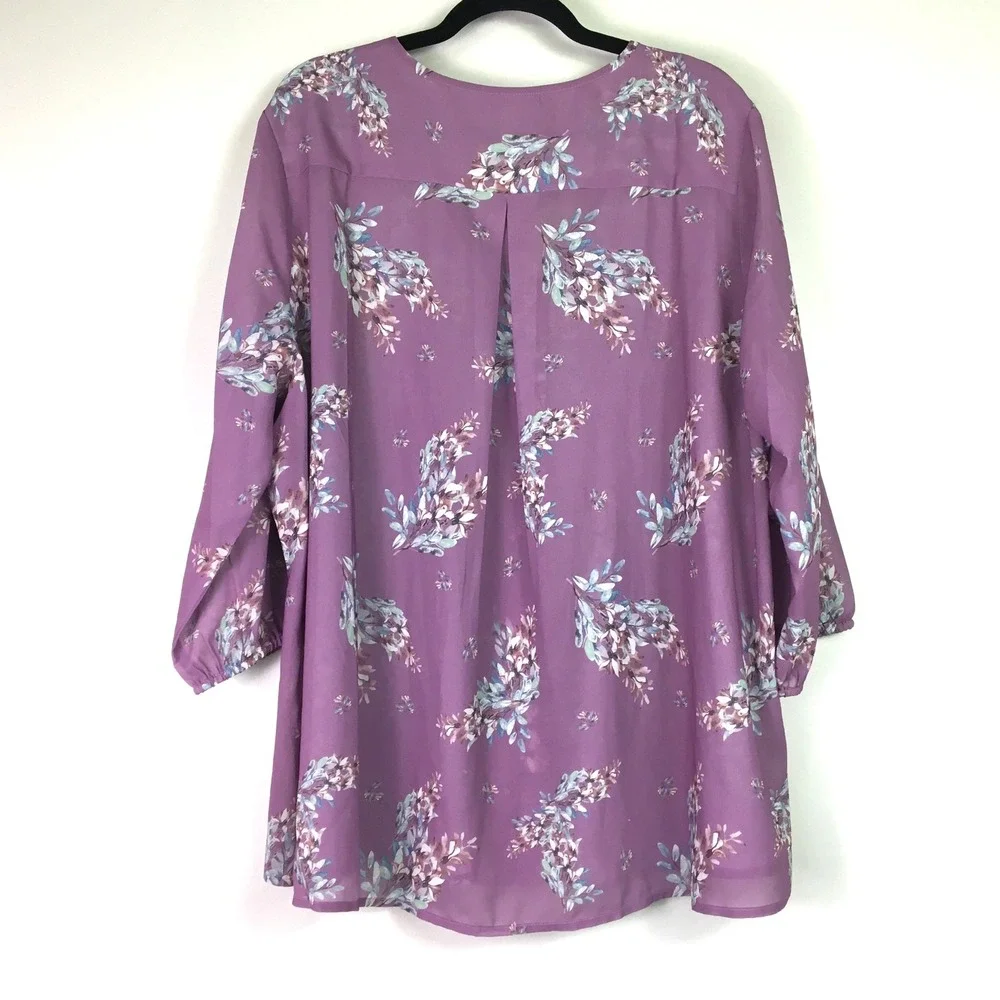 NorthStyle Floral Pintuck Button Front Chiffon Tunic 2X Purple - Picture 2 of 7